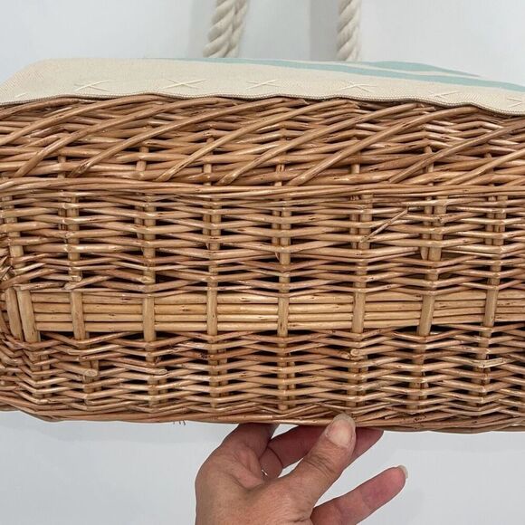 Striped Canvas Womens Wicker Tote Shoulder Beach Bag Blue & White Large NWOT - Picture 4 of 6